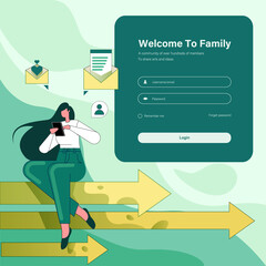 Login page design template, girl sitting on graph arrow chatting on phone vector illustration concept 