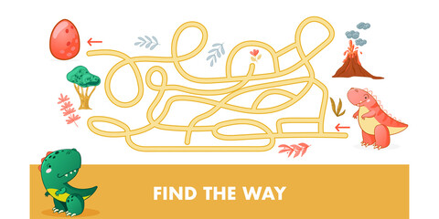 Maze game for children. Kids educational game with dino. Cute dinosaur cartoon vector illustration.