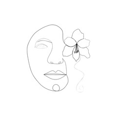 Woman face with flowers one line drawing. Half of the face is a flower. Continuous line drawing art. Nature cosmetics.