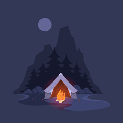 Night camp tent. Dark landscape with mountain trees and shelter adventure for happy travellers garish vector illustrations background