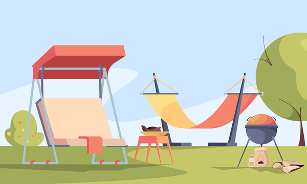Garden background. Outdoor relax place in private rural house barbecue fireplace soft modern furniture table chairs and swings gardenning backyard garish vector picture