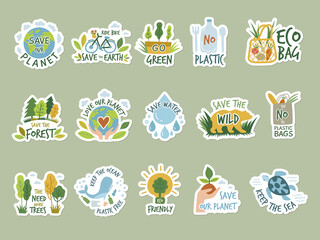 Ecology stickers. Save green earth planet clean environment eco labels recent vector badges colored illustrations isolated