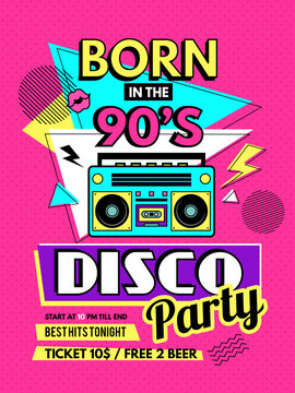 Retro poster. 80s style placard party invitation 90s music elements radio boombox recent vector template for design projects