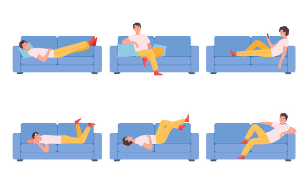 Man on couch. Relaxing different poses characters sitting on sofa person dreaming thinking sleeping nowaday vector cartoon illustrations collection