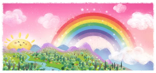 Wanddecoratie Regenboog Veldlandschap met regenboog en zon  © cirodelia