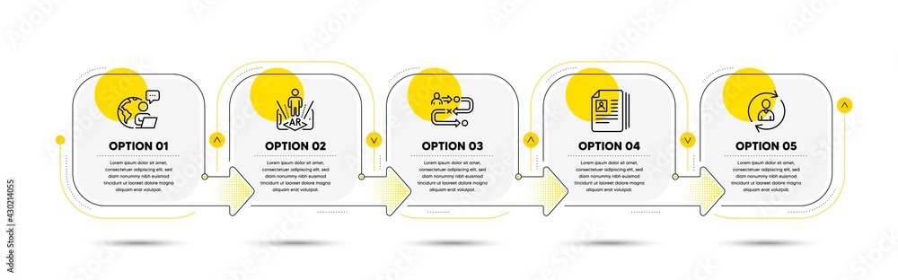 Poster cv documents, augmented reality and person info line icons set. timeline process flowchart. journey 