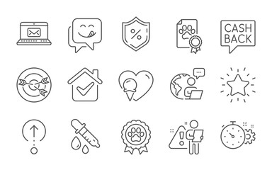 Dog competition, Chemistry pipette and Rank star line icons set. Loan percent, Ice cream and Money transfer signs. Swipe up, E-mail and Cogwheel timer symbols. Line icons set. Vector
