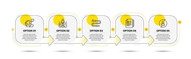 Cv documents, Augmented reality and Person info line icons set. Timeline process flowchart. Journey path sign. Portfolio files, Phone simulation, Refresh user data. Project process. People set. Vector