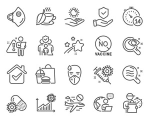 Medical icons set. Included icon as Insurance hand, Skin condition, Sick man signs. Quarantine, Medical mask, No vaccine symbols. Cancel flight, Sun protection, Vision test. Mint tea. Vector