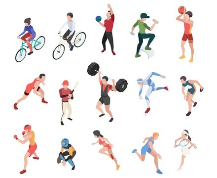 Diverse isometric sport characters. Runner, tennis player, basketball sportsmen. People ride bike, baseball play vector collection