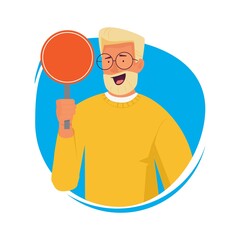 Man with banner. Happy guy holding empty attention plate. Advertisement or information vector character avatar