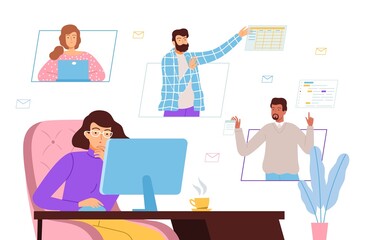 Remote teamwork. Cooperation, video call and conference. People working together from home vector concept