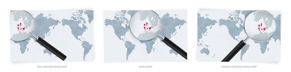 Blue Abstract World Maps with magnifying glass on map of Denmark with the national flag of Denmark. Three version of World Map.