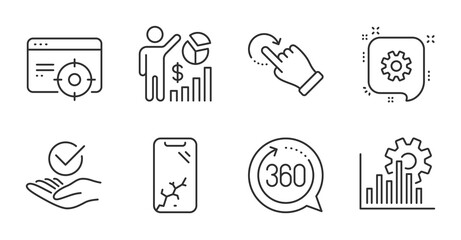 360 degrees, Rotation gesture and Approved line icons set. Seo graph, Smartphone broken and Seo statistics signs. Cogwheel symbol. Full rotation, Undo, Verified symbol. Technology set. Vector