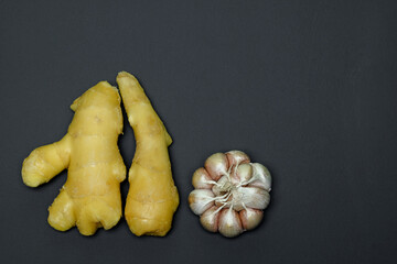 two roots of juicy fresh ginger and a garlic head on a gray background, photographed close-up
