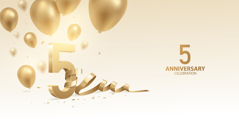 5th Anniversary celebration background. 3D Golden numbers with bent ribbon, confetti and balloons.