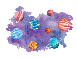 Hand drawn watercolor Space illustration. Planets of the Solar system
