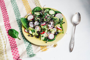 Summer vegeterian salad with radish, cucumber, spinach and microgreens on yellow dish