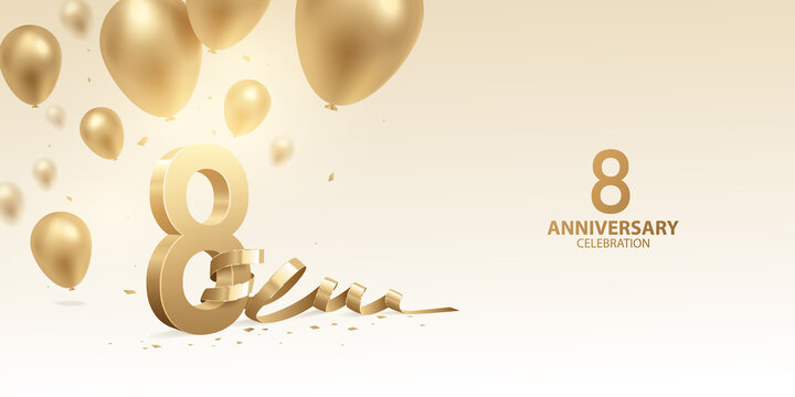 8th Anniversary celebration background. 3D Golden numbers with bent ribbon, confetti and balloons.