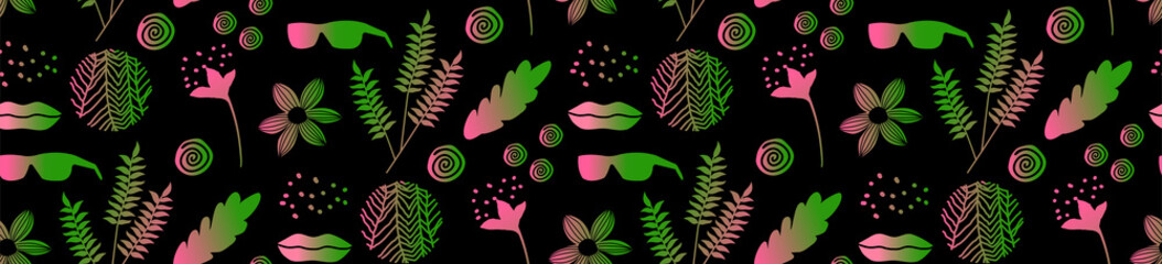 Bright summer pattern. Summer party background. Creative ornaments. Neon lips, glasses, flowers, textures. Bohemian elements. Textile print for fabric, packaging design, bedding, and fashion concepts.