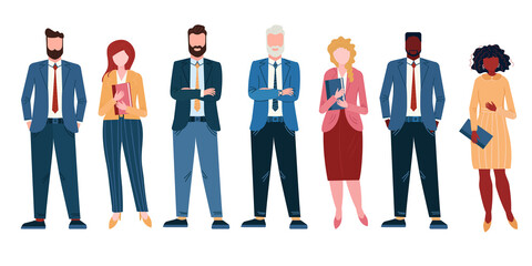 Group of diversity people in office. Afro American businessman in suit and woman in dress. Multicultural teamwork is standing. Aged Caucasian boss. Community of different employee. Business team.