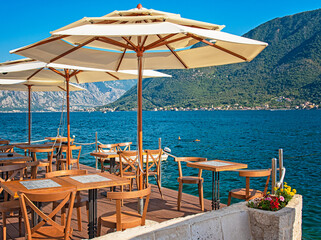 Beautiful restaurant at the sea, afternoon, eating out concept