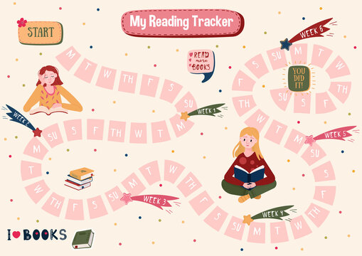 Habits Tracker for reading books. Daily planner for read books. Schedule of students and adult. Stickers with woman of reading books. Routine for every day. Organizer for education.