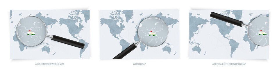 Blue Abstract World Maps with magnifying glass on map of Tajikistan with the national flag of Tajikistan. Three version of World Map.