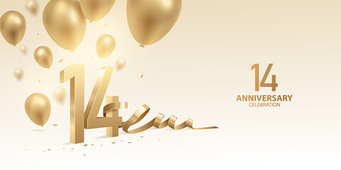 14th Anniversary celebration background. 3D Golden numbers with bent ribbon, confetti and balloons.

