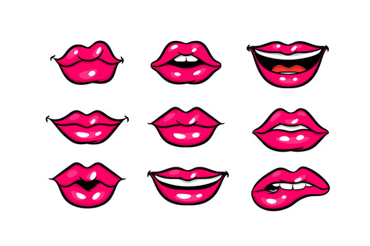 Pink red woman lips in pop art style set. Cartoon girl make up vector illustration. Sexy pop art lips sticker with open mouth and smile. Vintage cartoon pop art set of girl pink lips.