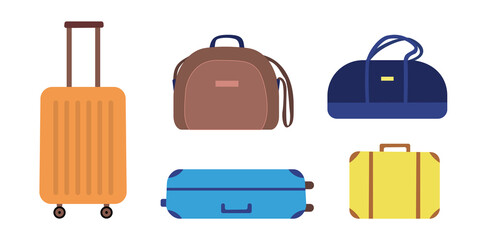 A set of suitcases and bags on a white background. Vector illustration with luggage in a simple flat style. 
