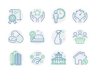 Line icons set. Included icon as Ranking, Skyscraper buildings, Buyers signs. Cleaning spray, Timer, Circus symbols. Medical drugs, Certificate, Correct answer. Waiting, Mattress guarantee. Vector