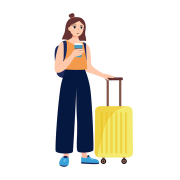 A girl with a suitcase and a cup of coffee. Vector illustration in cute flat style. Concept of a solo journey. Perfect for an article, advertising a travel company, for a website or app