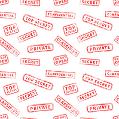 Lot of top secret red vintage grunge stamps on white, seamless pattern
