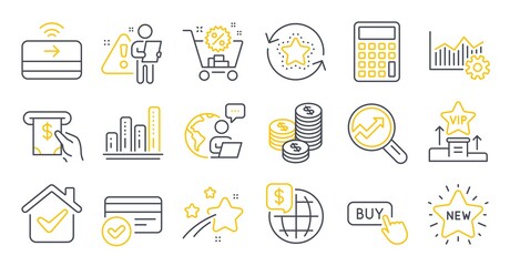 Set of Finance icons, such as Coins, Vip podium, Buy button symbols. Shopping cart, World money, Graph chart signs. Loyalty points, Calculator, Payment methods. New star, Atm service. Vector