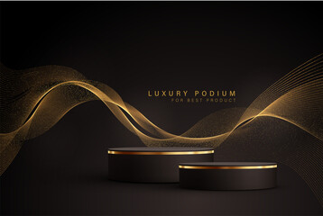 Minimal black scene with golden lines. Cylindrical gold and black podium on a black background. 3D stage for displaying a cosmetic product - obrazy, fototapety, plakaty
