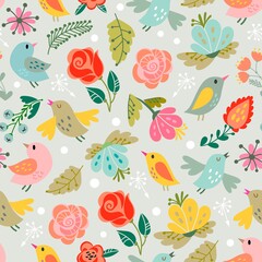 Beautiful Stylish floral seamless pattern with birds and flowers. Bright illustration, can be used for creating card, invitation card for wedding,wallpaper and textile.