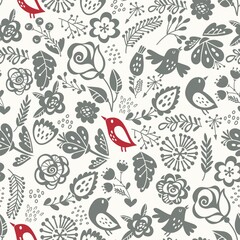 Beautiful floral seamless pattern with birds and flowers in limited color palette. Bright illustration, can be used for creating card, invitation card for wedding,wallpaper and textile.