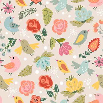 Beautiful floral seamless pattern with birds and flowers in lovely color palette. Bright illustration, can be used for creating card, invitation card for wedding,wallpaper and textile.