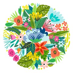 Beautiful cycle made of flowers in vector. Romantic cartoon invitation card. Stylish design element in bright colors.