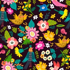 Beautiful floral seamless pattern of bird and flowers. Bright illustration, can be used for creating card, invitation card for wedding,wallpaper and textile.
