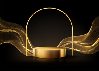 Minimal black scene with golden lines. Cylindrical gold and black podium on a black background. 3D stage for displaying a cosmetic product