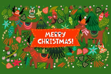 Vector greeting card of bright Christmas symbols 