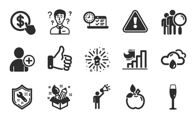 Search people, Like hand and Eco food icons simple set. Spanner, Champagne glass and Add user signs. Rainy weather, Buy currency and Growth chart symbols. Flat icons set. Vector