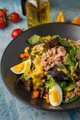 Fresh mediterranean salad with egg and tuna fish on a black plate