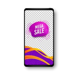 Mega sale sticker. Phone mockup vector banner. Discount banner shape. Coupon bubble icon. Social story post template. Mega sale badge. Cell phone frame. Liquid modern background. Vector
