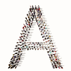 Concept or conceptual large community of people forming the font A. 3d illustration metaphor for unity and diversity, humanitarian, teamwork, cooperation, education, friendship and community