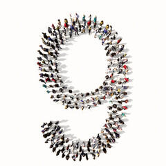 Concept or conceptual large community of people forming the font 9.  3d illustration metaphor for unity and diversity, humanitarian, teamwork, cooperation, education, friendship and community
