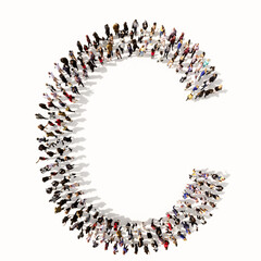 Concept or conceptual large community of people forming the font C. 3d illustration metaphor for unity and diversity, humanitarian, teamwork, cooperation, education, friendship and community