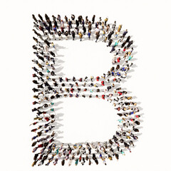 Concept or conceptual large community of people forming the font B. 3d illustration metaphor for unity and diversity, humanitarian, teamwork, cooperation, education, friendship and community